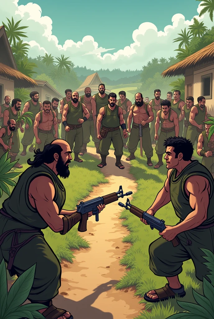 Simple animated drawing of a group of armed men breaking into the village, forcing farmers to plant coca. Fear is reflected on their faces.