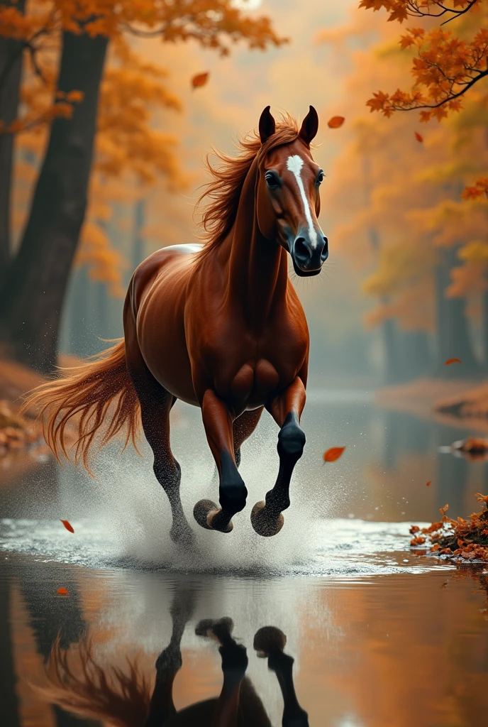 Create a running horse, and its remainder in the water, in a forest in autumn