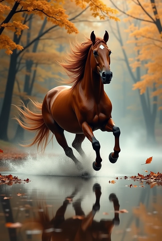 Create a running horse, and its remainder in the water, in a forest in autumn
