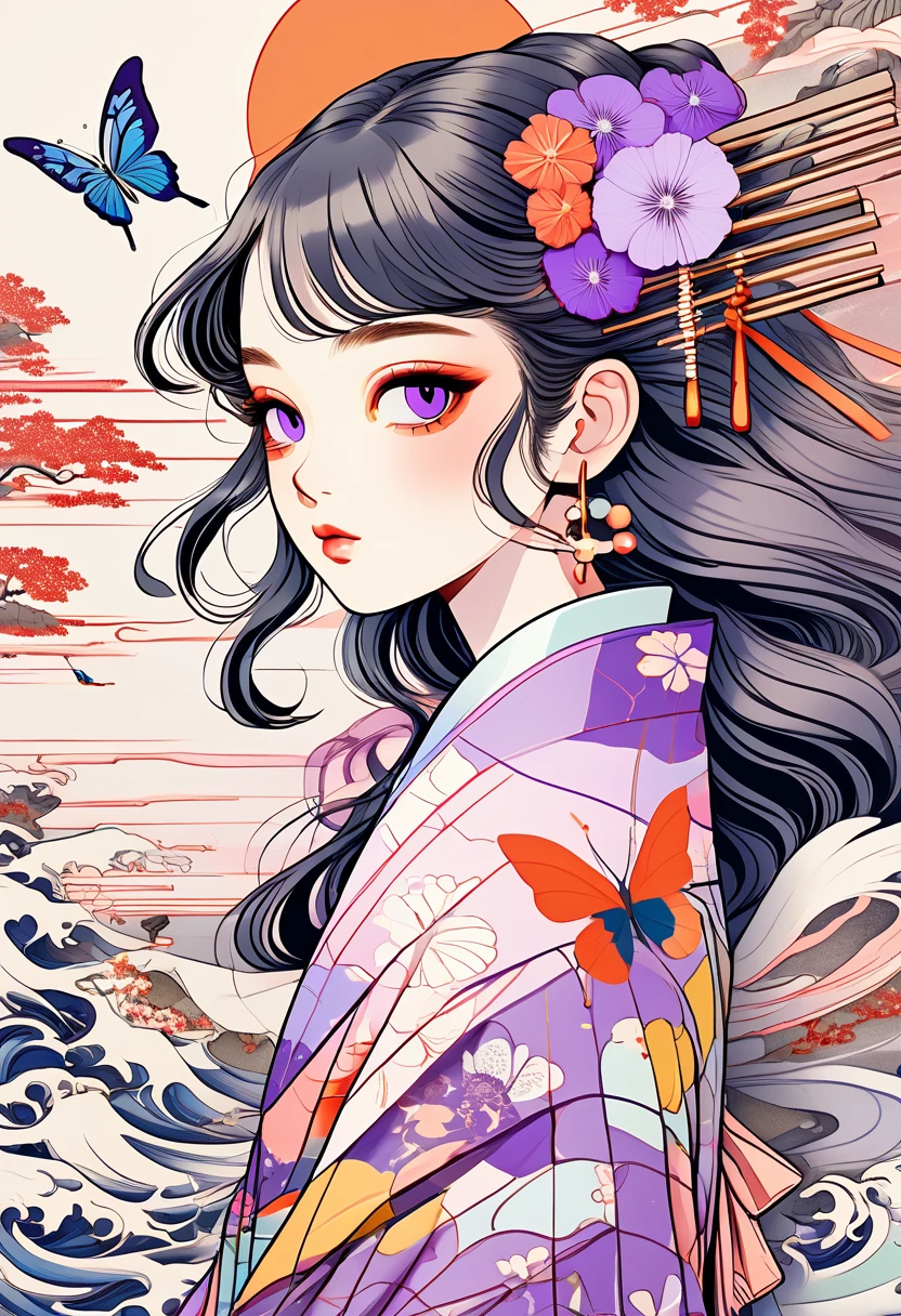 A mesmerizing surreal illustration of a young japanese woman resembling Shinobu Kouchou. She has black hair, purple eyes, a butterfly hair ornament, and wears a vibrant pastel colored outfit adorned with intricate floral patterns. Freckles dot her smooth, warm complexion, and bold, colorful tattoos cover her arms and legs. The tattoos feature traditional Japanese motifs like flowers and mythical creatures, rendered with meticulous detail in a pastel color palette. The background is a vintage floral-patterned wallpaper that complements the artwork's colors. The line work is precise, with delicate shading that gives the illustration a 3D quality. The artwork fuses modern illustration techniques with traditional Japanese aesthetics, resulting in a visually striking, portrait,
