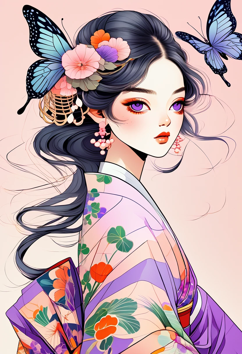 A mesmerizing surreal illustration of a young japanese woman resembling Shinobu Kouchou. She has black hair, purple eyes, a butterfly hair ornament, and wears a vibrant pastel colored outfit adorned with intricate floral patterns. Freckles dot her smooth, warm complexion, and bold, colorful tattoos cover her arms and legs. The tattoos feature traditional Japanese motifs like flowers and mythical creatures, rendered with meticulous detail in a pastel color palette. The background is a vintage floral-patterned wallpaper that complements the artwork's colors. The line work is precise, with delicate shading that gives the illustration a 3D quality. The artwork fuses modern illustration techniques with traditional Japanese aesthetics, resulting in a visually striking, portrait,
