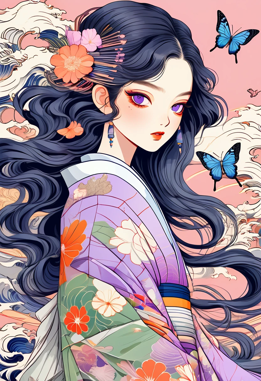 A mesmerizing surreal illustration of a young japanese woman resembling Shinobu Kouchou. She has black hair, purple eyes, a butterfly hair ornament, and wears a vibrant pastel colored outfit adorned with intricate floral patterns. Freckles dot her smooth, warm complexion, and bold, colorful tattoos cover her arms and legs. The tattoos feature traditional Japanese motifs like flowers and mythical creatures, rendered with meticulous detail in a pastel color palette. The background is a vintage floral-patterned wallpaper that complements the artwork's colors. The line work is precise, with delicate shading that gives the illustration a 3D quality. The artwork fuses modern illustration techniques with traditional Japanese aesthetics, resulting in a visually striking, portrait,
