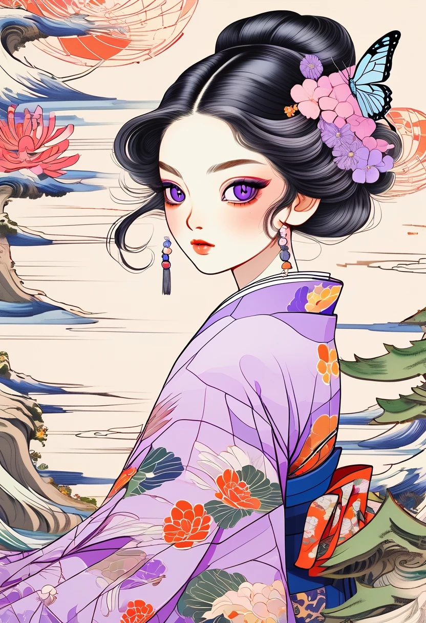 A mesmerizing surreal illustration of a young japanese woman resembling Shinobu Kouchou. She has black hair, purple eyes, a butterfly hair ornament, and wears a vibrant pastel colored outfit adorned with intricate floral patterns. Freckles dot her smooth, warm complexion, and bold, colorful tattoos cover her arms and legs. The tattoos feature traditional Japanese motifs like flowers and mythical creatures, rendered with meticulous detail in a pastel color palette. The background is a vintage floral-patterned wallpaper that complements the artwork's colors. The line work is precise, with delicate shading that gives the illustration a 3D quality. The artwork fuses modern illustration techniques with traditional Japanese aesthetics, resulting in a visually striking, portrait,
