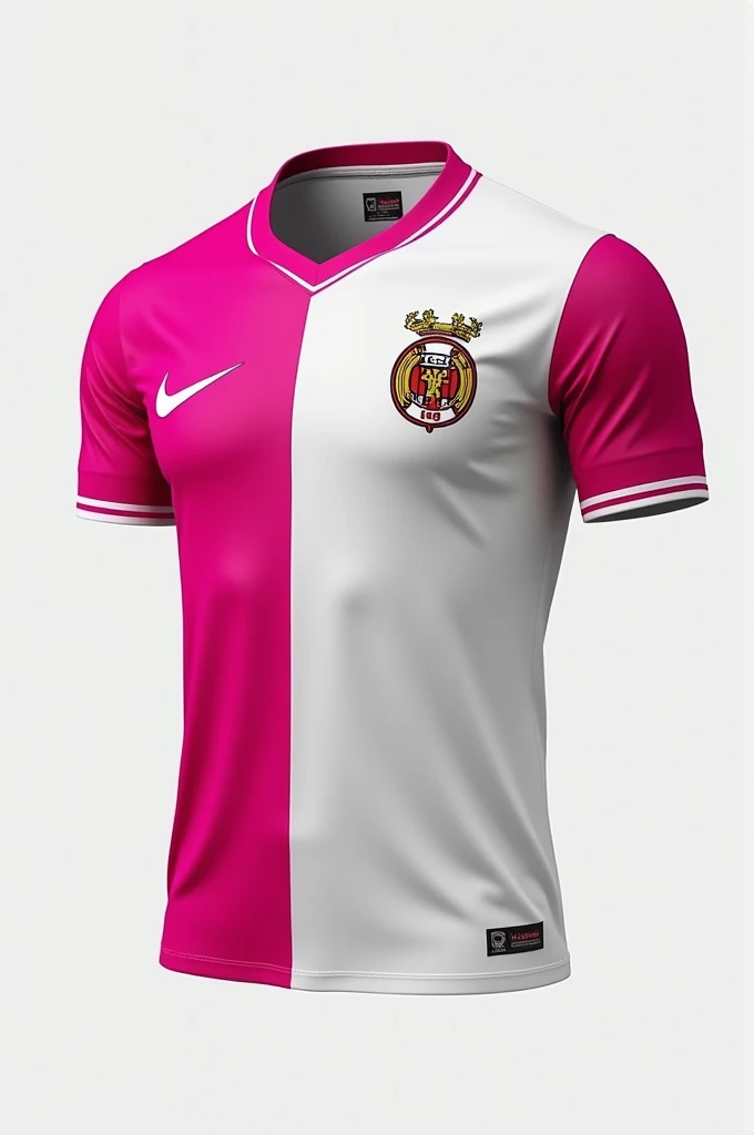 Create a 70's football shirt% white and a 30% Pink and the shirt includes logos like Nike or Adidas and has a logo from a famous soccer team
