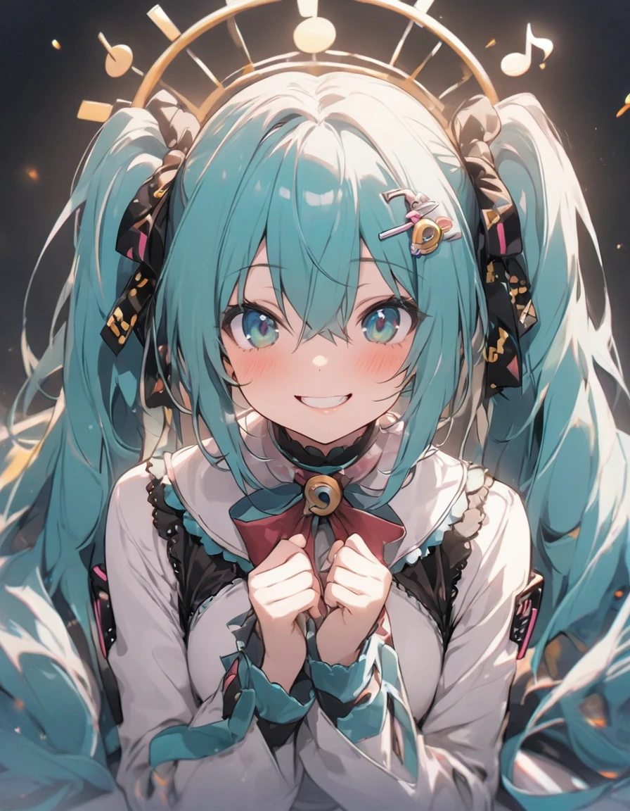 masterpiece、hatsune miku、Twin tails、 Musical note shaped hair accessory、 Dharma、smile、Focus on the face,  ((Background of the score))
