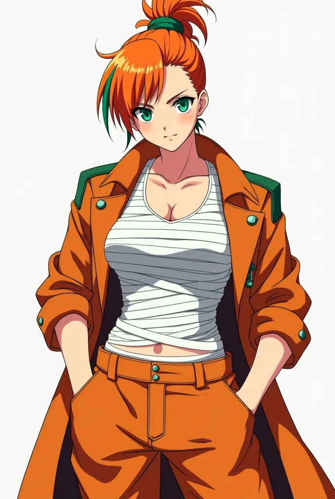 A very muscular anime teenage woman with orange hair with green streaks tied up and green eyes using white bandages to cover her breasts completely and wearing baggy orange pants, wearing a long orange overcoat with green details on the shoulders 