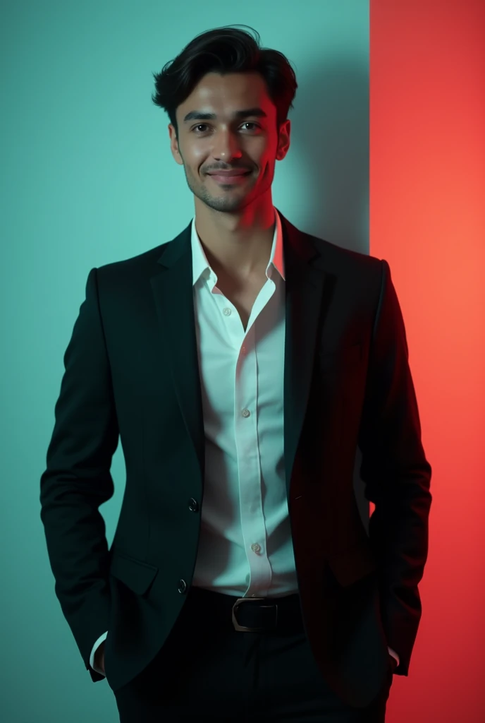 @🔥_𝐉 𝐢 𝐒 𝐚 𝐍_______🍻🚬:A young Man With Dark hair and a confident smile He is Dressed in a black blazer over a white shirt The man is positioned against aqua colour backdrop with a subtle red lighting on t