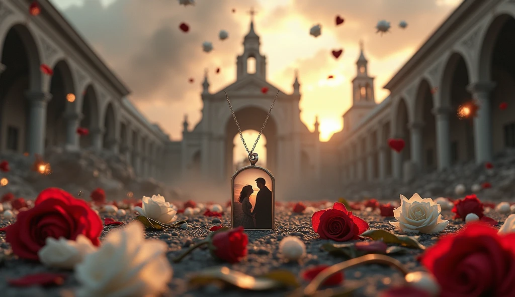 2024; (masterpiece, best quality) destroyed church roses(((white and red roses))) on the floor; flowers on the ground; small necklace with a small photo of a couple a love heart Down(close-up); bombs falling from the sky.; fire around.