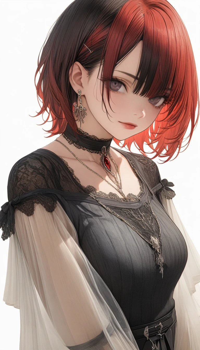(masterpiece, 最high quality, 最high quality, Official Art, beautifully、aesthetic:1.2),((masterpiece: 1.4, 最high quality))+,(Super detailed)+, Official Art, unity 8k wallpaper, Super detaileded, beautiful, high quality, beautiful, masterpiece, 最high quality, whole body, Character portrait, White Background, Red Straight Hair, Dark Eyes, Black Little Snake, Red Jewelry, stud, Black lace flats, Asymmetrical Skirt, Bloodstains on skirt, devil, skeleton, Lots of lace, Glowing Skin, , rtrophto1,
