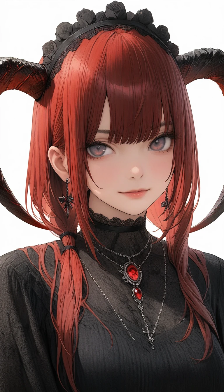 (masterpiece, 最high quality, 最high quality, Official Art, beautifully、aesthetic:1.2),((masterpiece: 1.4, 最high quality))+,(Super detailed)+, Official Art, unity 8k wallpaper, Super detaileded, beautiful, high quality, beautiful, masterpiece, 最high quality, whole body, Character portrait, White Background, Red Straight Hair, Dark Eyes, Black Little Snake, Red Jewelry, stud, Black lace flats, Asymmetrical Skirt, Bloodstains on skirt, devil, skeleton, Lots of lace, Glowing Skin, , rtrophto1,