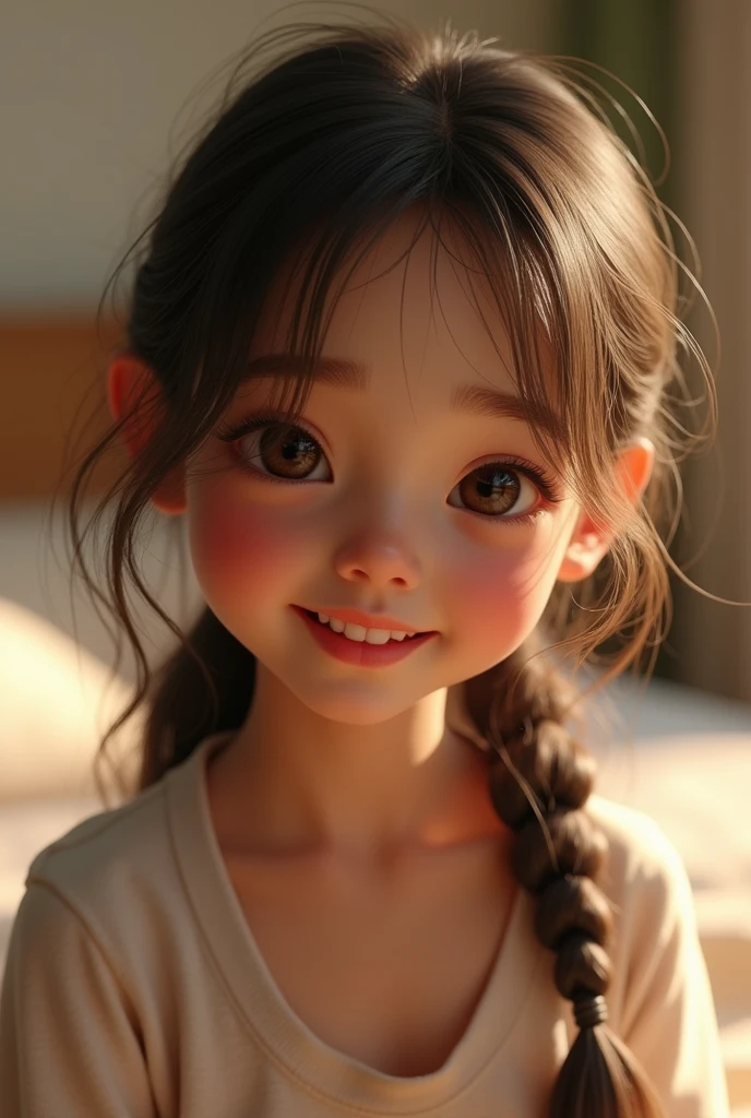 a beautiful brown AI girl, digital art, realistic portrait, warm lighting, bedroom setting, casual smile, slight excitement, high quality, detailed, cinematic, photorealistic, 8k, hyperrealistic, hyperdetailed, sharp focus, ultra detailed, intricate details, natural skin tones, beautiful eyes, long eyelashes, detailed facial features, expressive face, dynamic pose, organic hair flow, beautiful lighting, soft lighting, natural lighting, natural skin texture, studio lighting, professional photography, vibrant colors, cinematic framing, medium shot