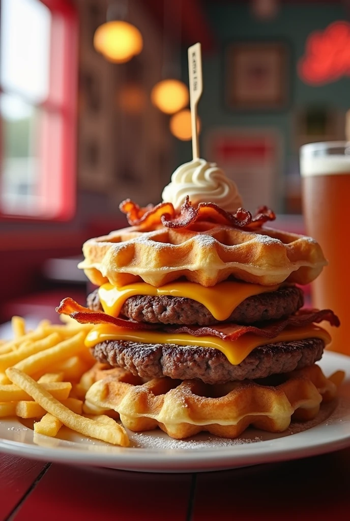 Create me a waffle burger that looks delicious with fries