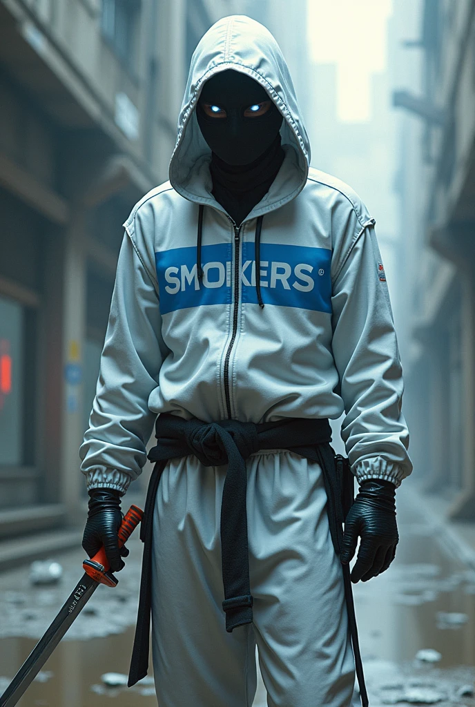 Generate a man.
Ninja holding one dagger in right hand.
Outfit: White and blue cybordpuck with clear and not hidden print "smokers".
Background realistic