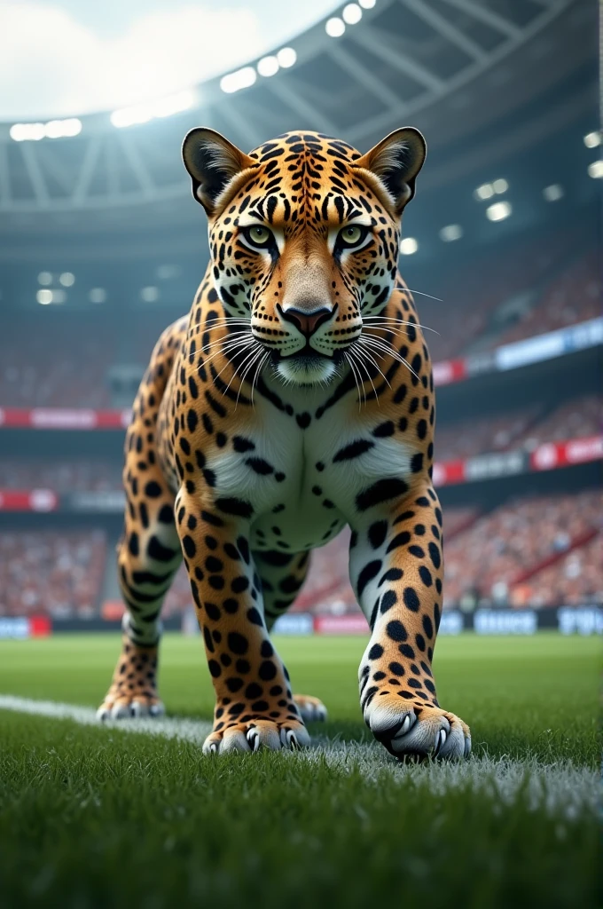 A big leopard in a soccer stadium realistic