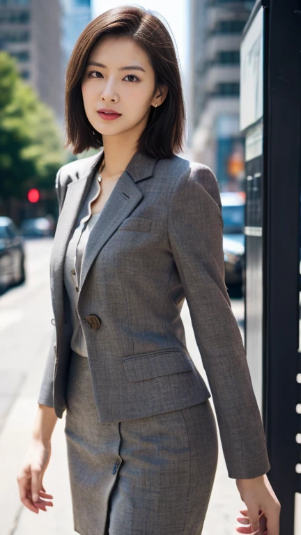(8k, RAW photos, best quality, masterpiece: 1.2), (realistic, photorealistic: 1.37), 1 Woman in a suit standing on the sidewalk, Sunny Morning, professional lighting, photon mapping, radio city, shirt, Gray Business Suit Skirt, Silk Suit, slim, coffee shop