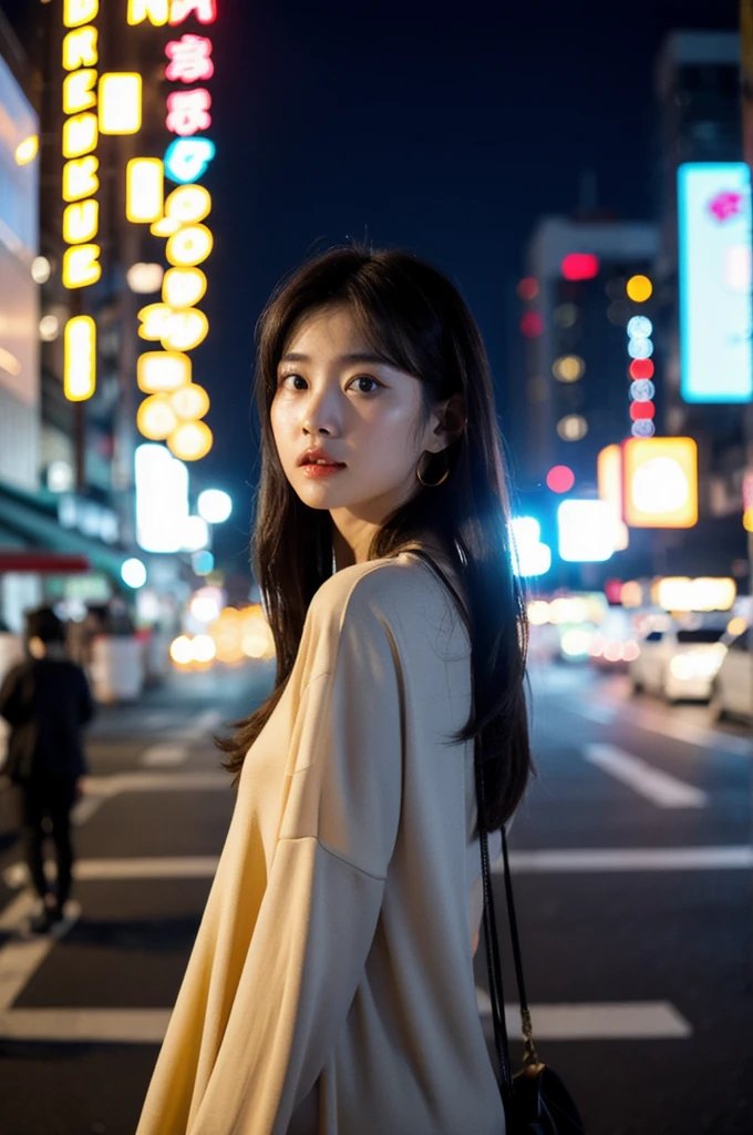 (Cinematic Aesthetic:1.4) Photo of a beautiful korean fashion model bokeh city night