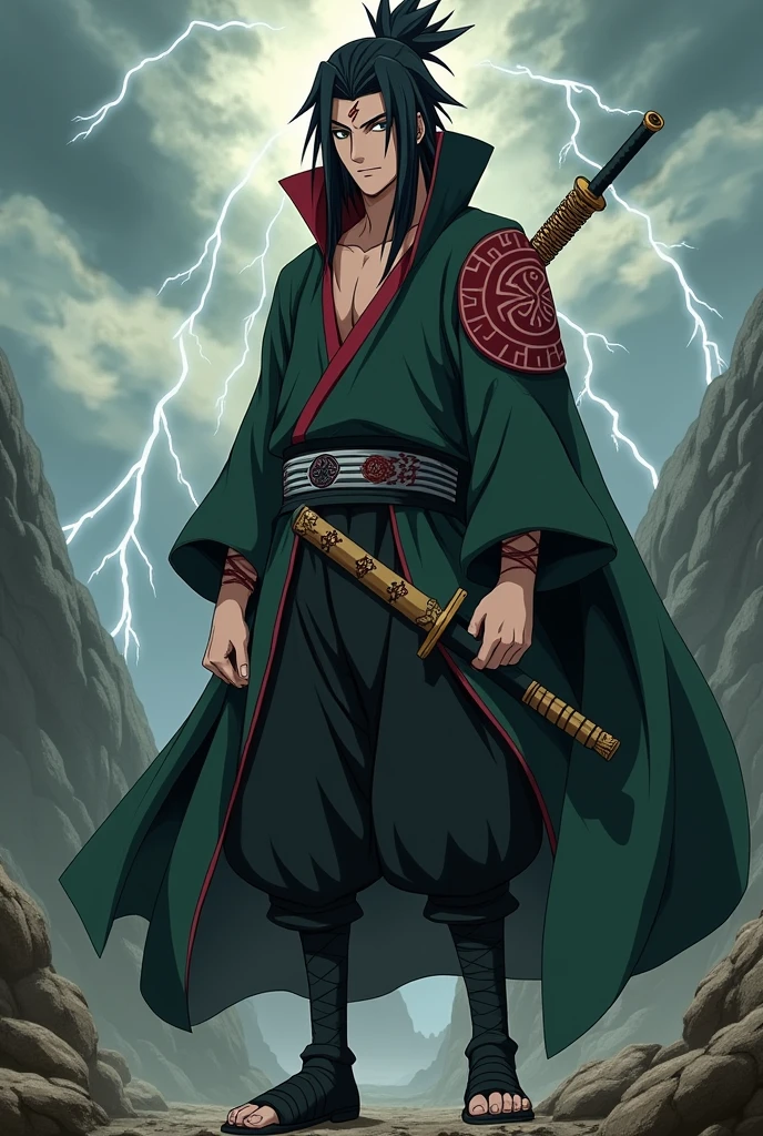 Create a Naruto Shippuden-style version of Ryoshirama Senju He has fair skin with a slightly tanned tone, reflecting his heritage. His hair is a striking mix of black and red, falling in long, slightly wavy strands to his shoulders, with some strands framing his face and a prominent fringe. His eyes are a deep green with an intense gaze, and he has a horizontal scar across his forehead.

Ryoshirama is dressed in sleek, dark green shinobi armor with red and silver accents. The armor is designed to be both protective and flexible, with a flowing, deep green cape featuring the symbol of the Hidden Leaf Village. He wears dark gray pants and sturdy shinobi sandals.

On his back, Ryoshirama carries a long, polished sword with intricate designs incorporating Senju and Uzumaki symbols. He also has a scroll of jutsu strapped to his back and an ornate kunai for combat and sealing techniques.

He stands in a rugged, mountainous terrain under a dramatic sky with dark clouds and occasional flashes of lightning illuminating his figure. The air around him seems to crackle with energy, and his expression is resolute and commanding, reflecting his readiness for battle.