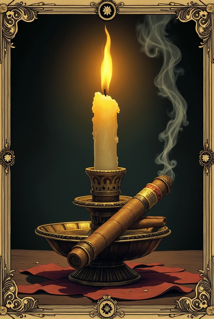 an old drawing of a secret society whose symbol is a lit yellow candle and a lit cigar