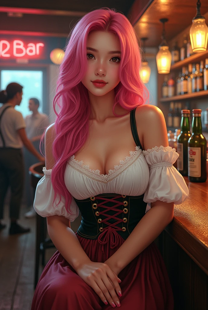 Young woman,​Twenty-five years old, Beautiful face, Asian face, Long pink hair, Wearing Central European clothing, Female staff, Big chest, Thin waist, Big butt, In the bar, Painting style: realistic