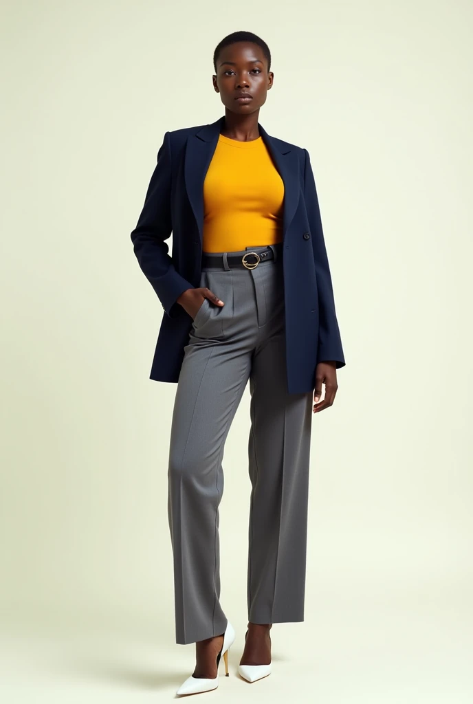 captured with a Sony α7 III camera, young Black American, an narrow waist, wide hips, and a full bust. The proportions are highly stylized, with a sharp contrast between the tiny waist and the expansive curves of the hips and chest, full body shot, fitted belted blazer Deep navy in color above the hip line, inner Blouse Mustard yellow, straight cut trousers grey in color, white high heels, standing straight, creamy white background.