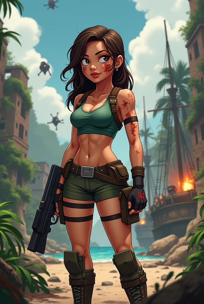 Meg family guy as a lara croft with shattered blood and at the war island by pirates with gun