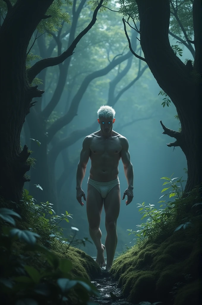 A guy with short white hair and blue eyes. He stands naked among the dark trees in the forest
