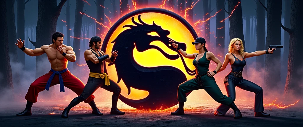  "Por favor, create a classic &#39;Mortal Kombat 3&#39; poster. On the poster, include iconic elements like the dragon logo, forest scenery, include in the montage main characters such as Liu Kang oriental shirtless with a red stripe on his forehead and red pants kung fu style pose,Sub-Zero ninja without mask with red stripe on his face preparing ice with his hands, Yellow and black scorpion ninja throwing a chain,sonia blade blonde with tied hair green top and green and black pants , police striker pointing a pistol with a black leather cap,sonia. The background should have dark and sinister tones., with sparks and lightning effects. The visual style should be reminiscent of semi-realistic 90s art, with vibrant colors and a touch of pixel art."