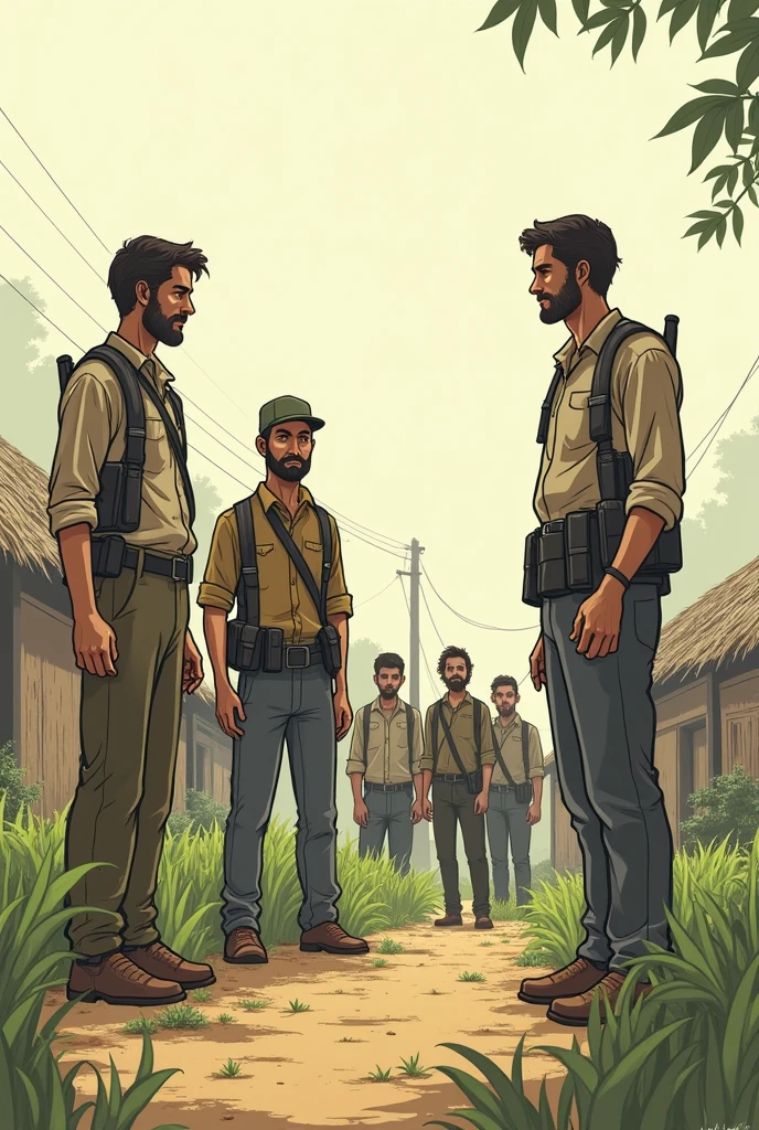 Simple animated drawing of a group of 3 armed men breaking into the village, forcing farmers to plant coca. Fear is reflected on their faces.
