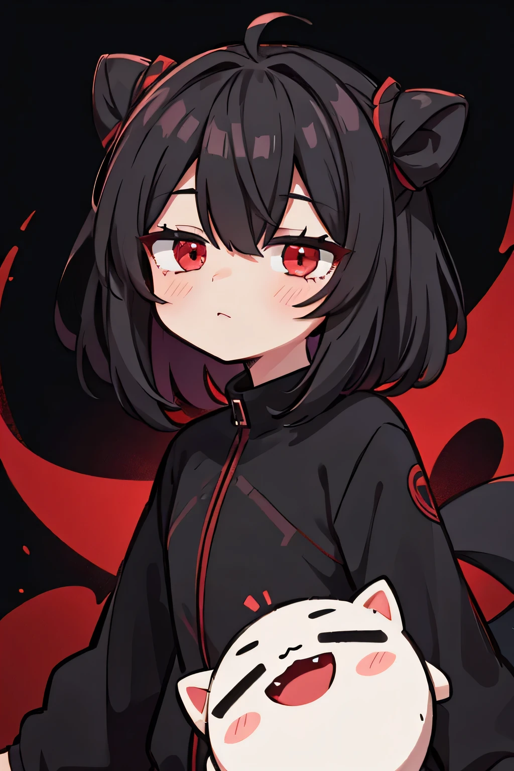 Red eyes on a black background holding a cute character