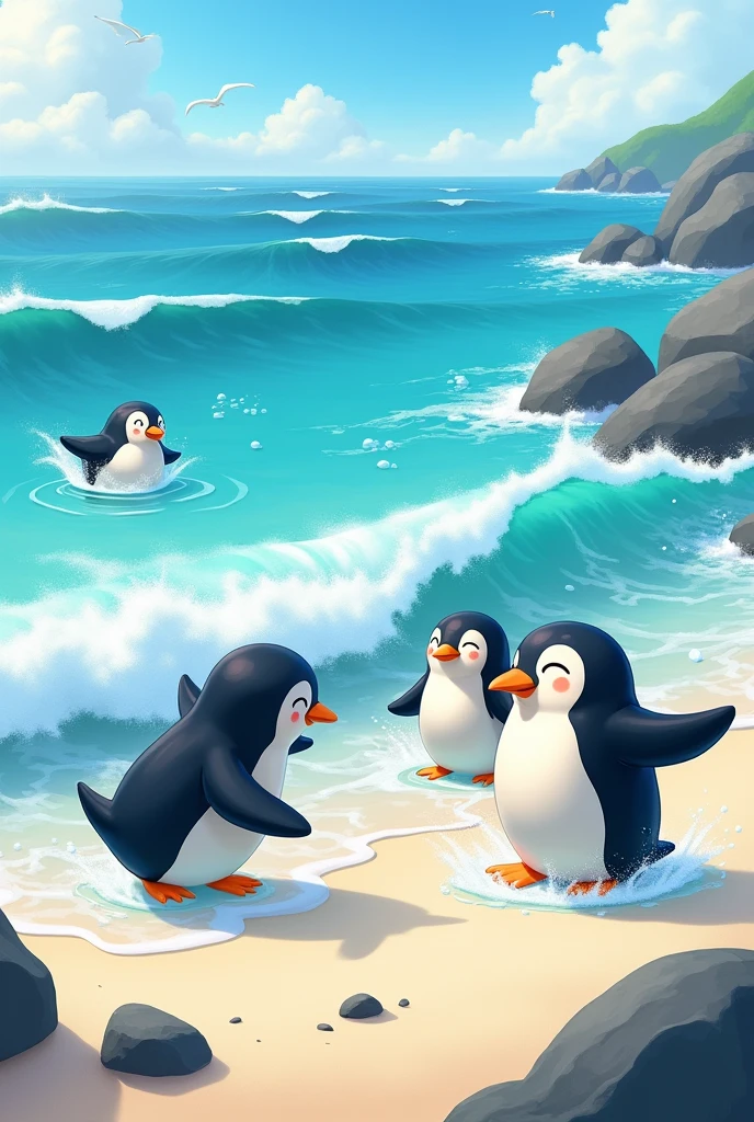 penguins playing in the waves of the sea animated image 