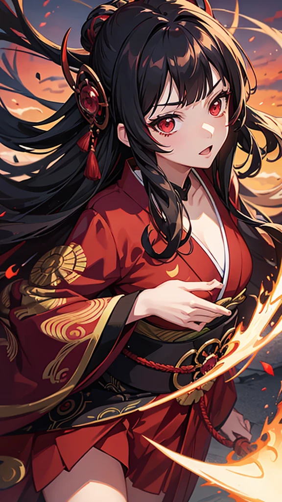 Cenamatic shot,anime,beautiful girl, red eyes, wavy black hair, red kimono,anime,realistic,demon slayer,kimetsu no yaiba