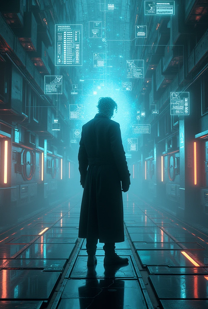 Create an image that represents a riddle with many clues, with a futuristic aesthetic 