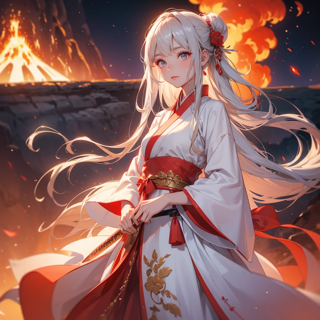 A beautiful female in white hanfu dress holding a big sword , Standing in the middle of Background is a volcano, lava erupting red, close up.