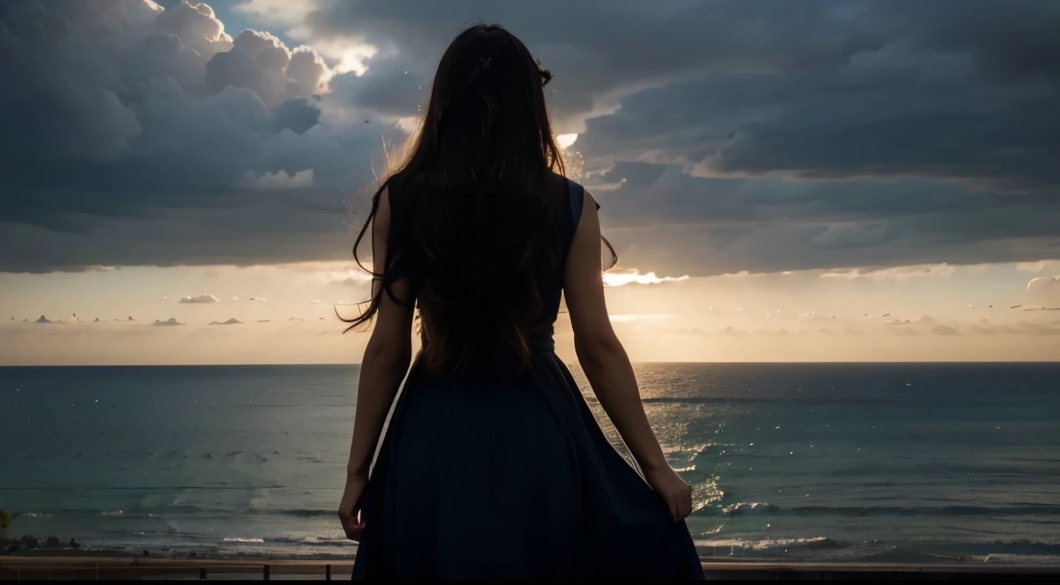 day scene, back view, silhouette of a beautiful woman with long hair in dress looking out into horizon