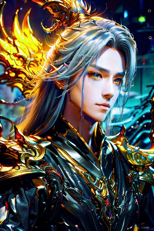 
(Best Quality, 8K, Masterpiece, HDR, Soft Lighting, Picture Perfect, Realistic, Vivid), Male Humanoid Dragon (1.0), 1 Guy, handsome chinese xianxia protagonist,chinese typical face,golden runes scratched on forehead, forehead detailed,(((male))), Perfect Face,golden amber eyes ultra detailed,eyes ultra detailed,Super Detailed Photo of a Magnificent Humanoid Dragon man with long silver hair,golden amber eyes,golden amber eyes detailed,Beautiful anime fantasy,background blur, anime fantasy, Gouves style work, realistic: 1.37, long silver hair, full lips, (((Curvy guy))), (Ultra high quality fantasy art) , Masterpiece , male model, ultra high quality male character designs, detailed 8k anime art, realistic anime art, highest quality wallpapers, intricate ultra high quality accurate male characters faces, high quality design and accurate physics (fantasy - ultra high quality) art) , dark fantasy style), masterpieces, super high-quality characters, anime resolution - 8K, realistic anime art, wallpapers with the highest quality illustrations, ultra-high detail of faces, high-quality design and accurate physics), color, depth of field, shadows, ray tracing, high quality execution. -high quality and 8K resolution, (Accurate simulation of the interaction of light and materials)], [High-quality hair detail [Read more about beautiful and shiny white hair]], (Beautifully detailed hands [perfect fingers [Perfect nails]]], (perfect anatomy ( perfect proportions)))) [[Full height]], [Perfect combination of colors (Accurate imitation of the interaction of light and material)], [art that conveys the meaning of the story](modified)