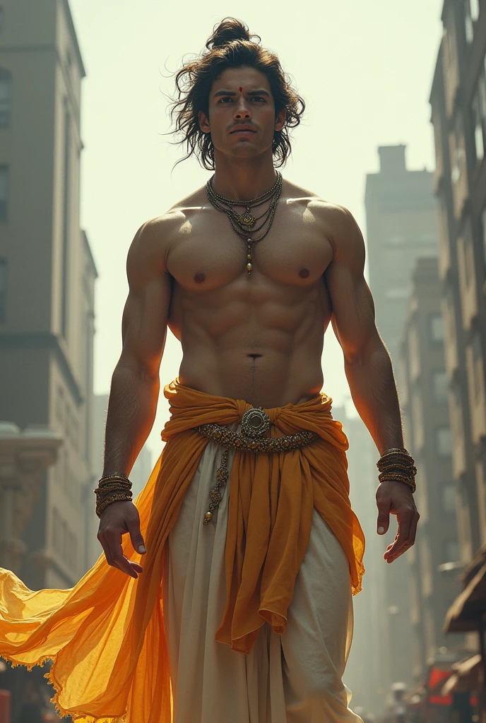 A 20 year old boy with body of ramayan time whose color midium with 180 feet hight who is belongs to Hindu shree krishn family with current time