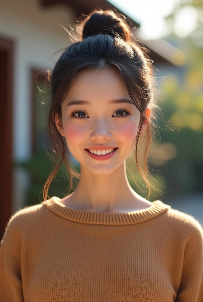 The image features a beautiful young woman, a tan sweater, standing in front of a building, hair pulled back in a bun. The woman is smiling, giving off a warm and friendly vibe. The scene captures a casual and comfortable moment, with the woman dressed in a cozy and stylish outfit.