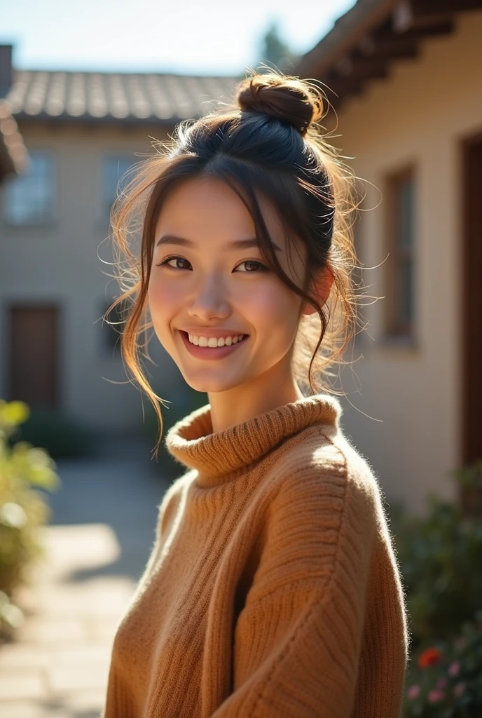 The image features a beautiful young woman, a tan sweater, standing in front of a building, hair pulled back in a bun. The woman is smiling, giving off a warm and friendly vibe. The scene captures a casual and comfortable moment, with the woman dressed in a cozy and stylish outfit.