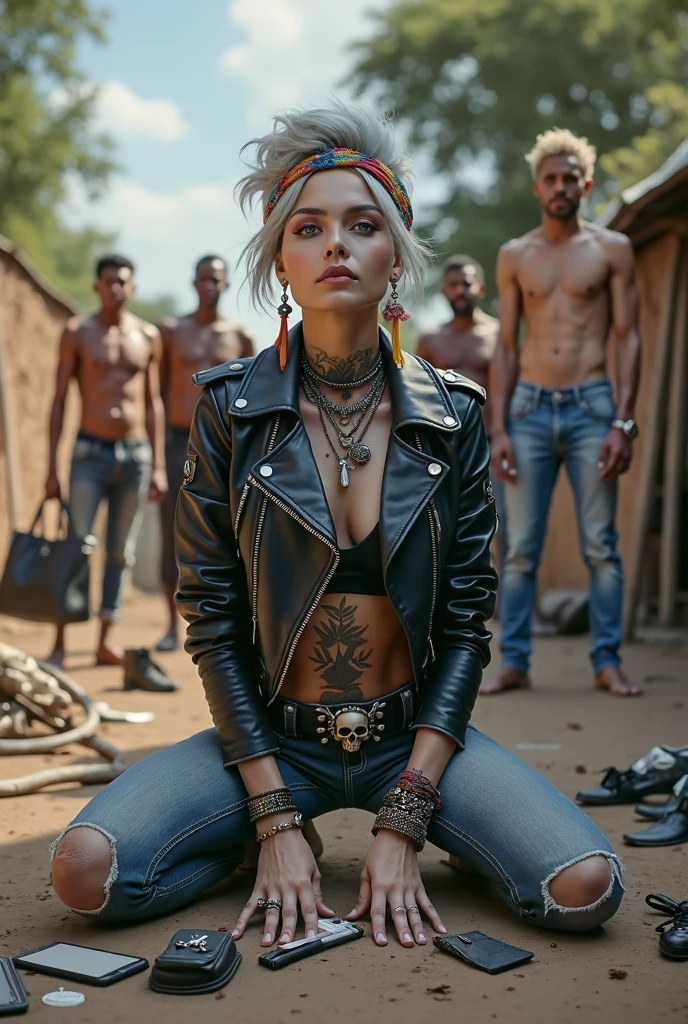 russian milf woman, grey hair (pouf, and top bun and shaved sides) and wide colourful bandana as headband, with very light blue eyes, extremely pale. Wearing cropped black moto jacket with lots of zippers and pins, black push up bra with white seams , skinny blue jeans with holes in knees and dirty white tennis sneakers. Dirty knees, dirty hands. Lots of metallic bracelets, lots of boho pendants and colourful beads collars. Tacky wide studded leather belt with oversized skull and bones buckle. Long bohemian earrings with colourful feathers. Kneeling like in a payer, chin up stretching her neck , humble facial expression. Hands on her knees, showing off bracelets and rings. studded black leather tote bag with chains on the floor, next to her.. Listening in amazement to somebody speaking to her, well toned abdominals, thin neck, slim legs and thin arms. Tattoed heavily on chest and hands. Dirt street in Kenian village full of waste. A lot of tanned shirtless fat men in jeans around looking at her. next to her, all her belongings scattered on the floor: makeup kit, little makeup mirror, studded black leather tote bag, lipstick, wallet, moble etc on the floor
