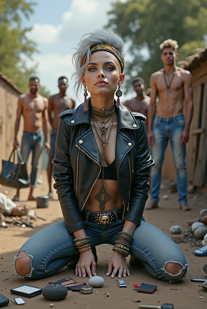 russian  woman, grey hair (pouf, and top bun and shaved sides) and wide colourful bandana as headband, with very light blue eyes, extremely pale. Wearing cropped black moto jacket with lots of zippers and pins, black push up bra with white seams , skinny blue jeans with holes in knees and dirty white tennis sneakers. Dirty knees, dirty hands. Lots of metallic bracelets, lots of boho pendants and colourful beads collars. Tacky wide studded leather belt with oversized skull and bones buckle. Long bohemian earrings with colourful feathers. Kneeling like in a payer, chin up stretching her neck , humbial expression. Hands on her knees, showing off bracelets and rings. studded black leather tote bag with chains on the floor, next to her..  Listening in amazement to somebody speaking to her, well toned abdominals, thin neck, slim legs and thin arms. Tattoed heavily on chest and hands.  Dirt street in Kenian village full of waste. A lot of tanned shirtless fat men in jeans around looking at her. next to her, all her belongings scattered he floor: makeup kit, little makeup mirror, studded black leather tote bag, lipstick, wallet, moble etc on the floor