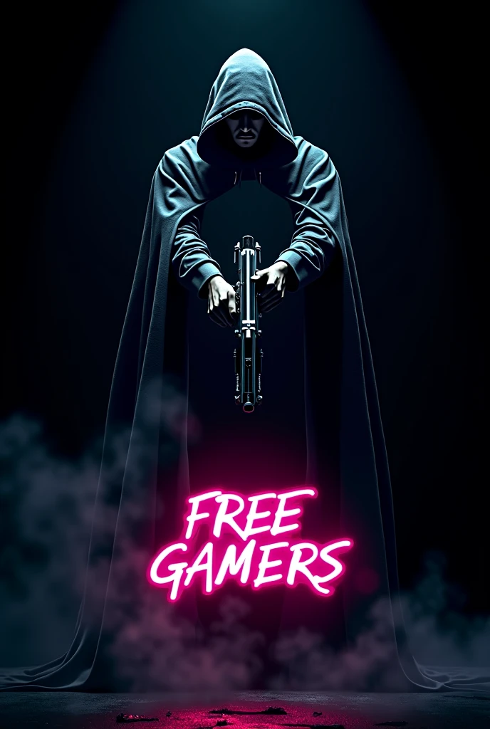 A dark background with a man in a cape with his hands in the middle holding a gun that shines inside , with a sign below that says “FREE GAMERS” The whole image with a touch of neon light