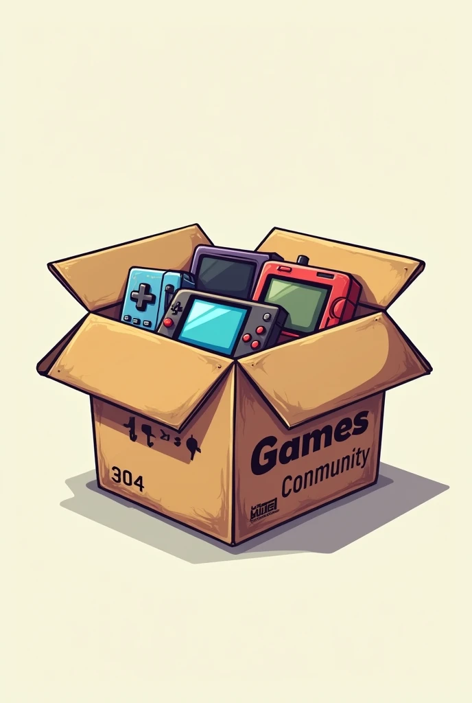 create a logo with electronic games inside a cardboard box with the words Box Games Community written on the box