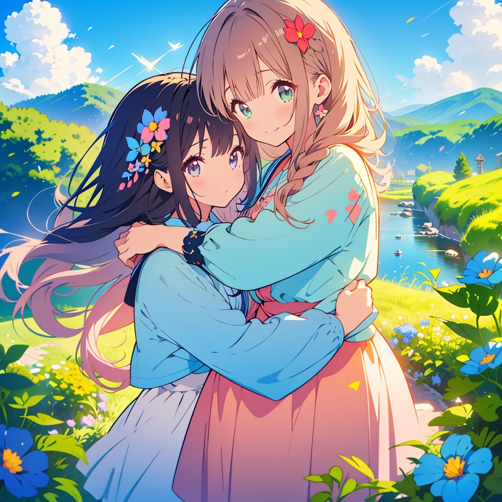 kawaii, anime, Cute, hyper quality, highly detailed, 8k, Clarity, Draw facial expressions in detail, Nemophila, blue nemophila flower, Girl with long brown hair and green eyes, Jumping and hugging each other, A young girl with short light pink hair and scarlet eyes., good friends, smile, Hill where nemophila flowers bloom, refreshing sky, rainbow, morning dew,
