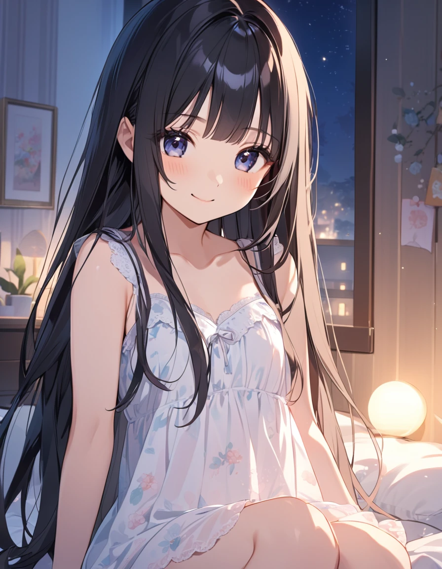 Girl, cute, adorable, from chest to head, smile, straight hair, long hair, black hair, sitting in a feminine manner, looking at the camera, bedroom, night, negligee