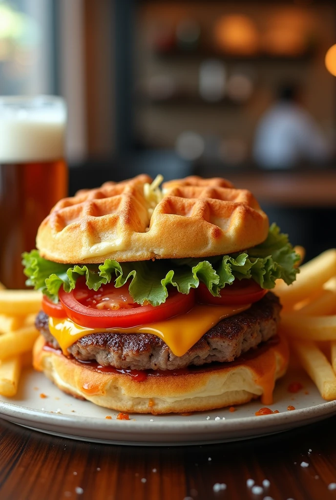 Believe me, a burger with waffle bread and fries