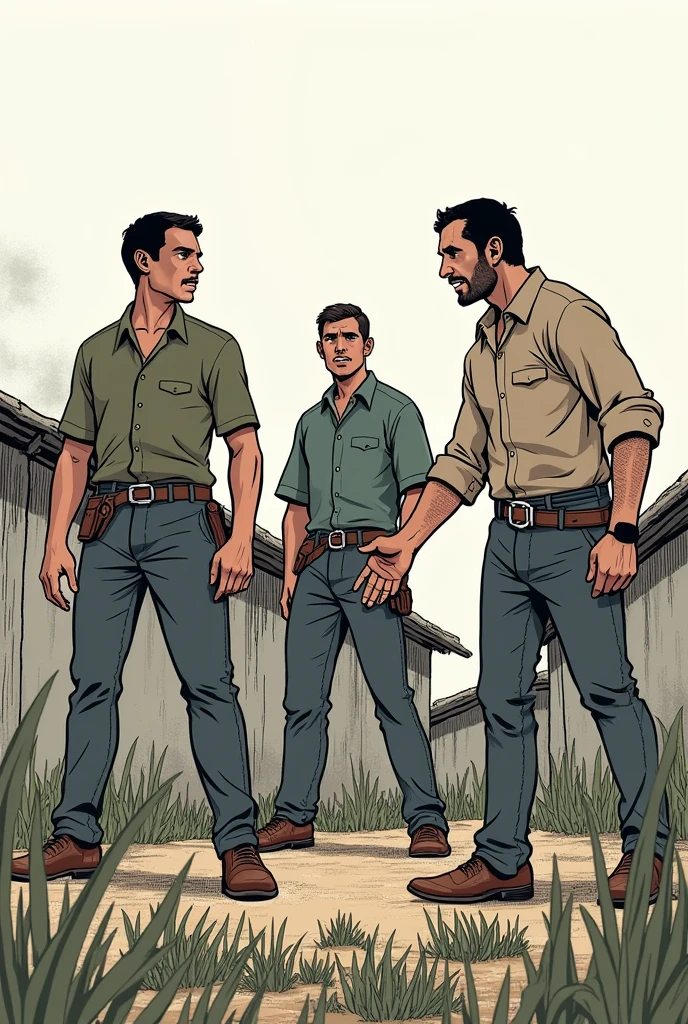 Simple animated drawing of a group of 3 armed men breaking into the village, forcing farmers to plant coca. Fear is reflected on their faces.