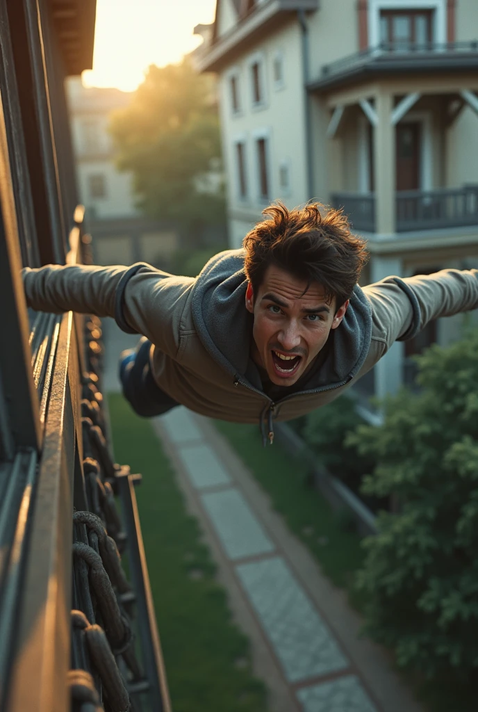 Young man falling from the balcony of his house to the first floor