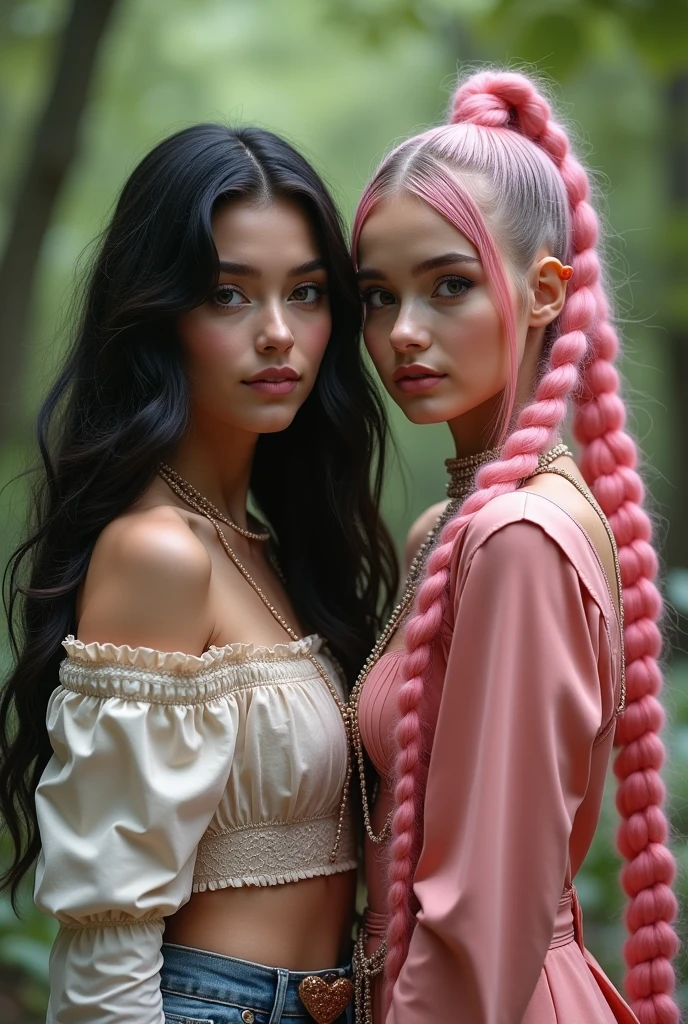 model with long wavy black hair, With her friend, long pink braided ponytail, full body view