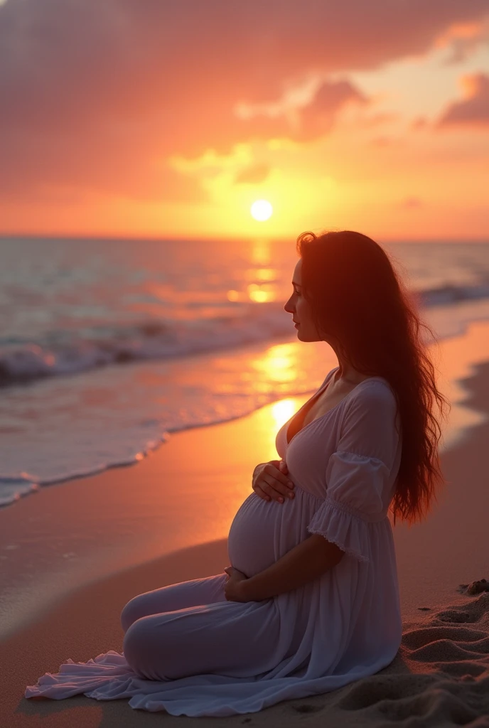 Auburn hair pregnant women sitting on the beach in the sunset