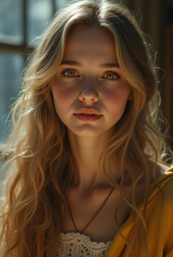 A girl innocent face* round eyes in ambar color, she save soft features , smal and delicate nose ,lips heart shaped her face a soft and feminine Square form* she is extremely beautyfull...hair(side bangs blond and long at her waist Softly curled on the final she is a witch from Hogwarts her house its Hufflepuff clean skin .